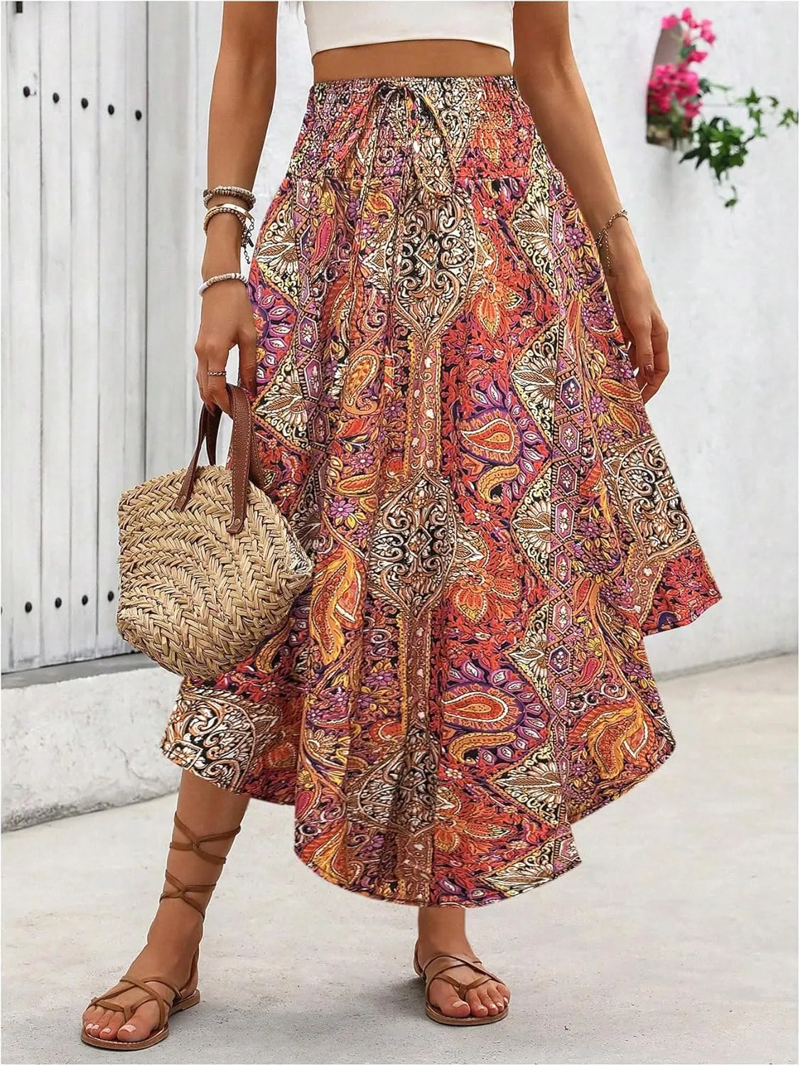 Verdusa Women's Boho Western Floral Print Long Skirts 80s Flowy Elastic Waist Vacation Maxi Skirt