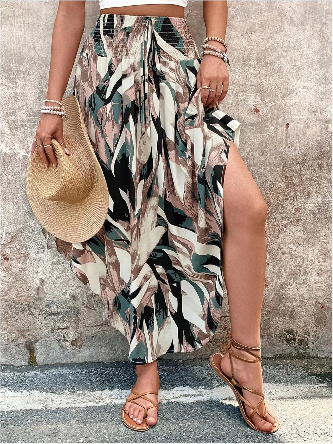 Verdusa Women's Boho Western Floral Print Long Skirts 80s Flowy Elastic Waist Vacation Maxi Skirt