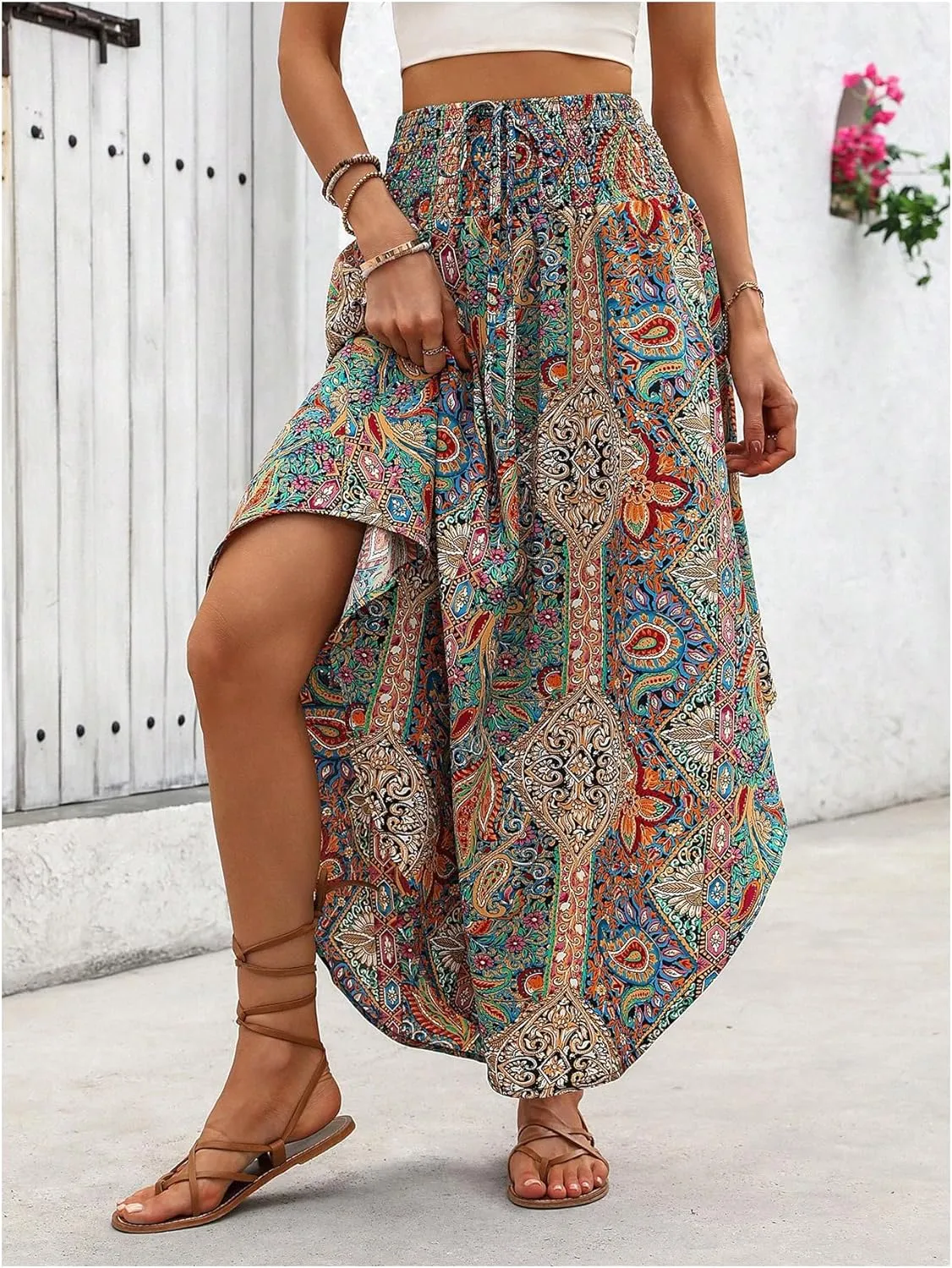 Verdusa Women's Boho Western Floral Print Long Skirts 80s Flowy Elastic Waist Vacation Maxi Skirt