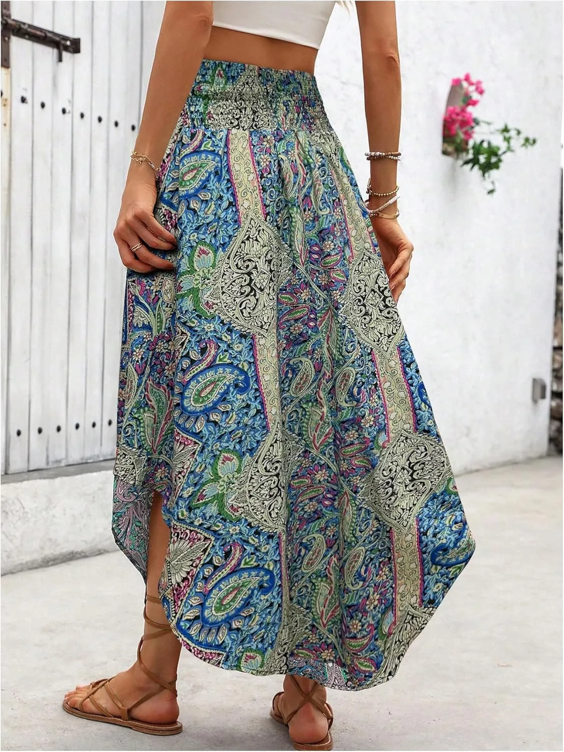 Verdusa Women's Boho Western Floral Print Long Skirts 80s Flowy Elastic Waist Vacation Maxi Skirt