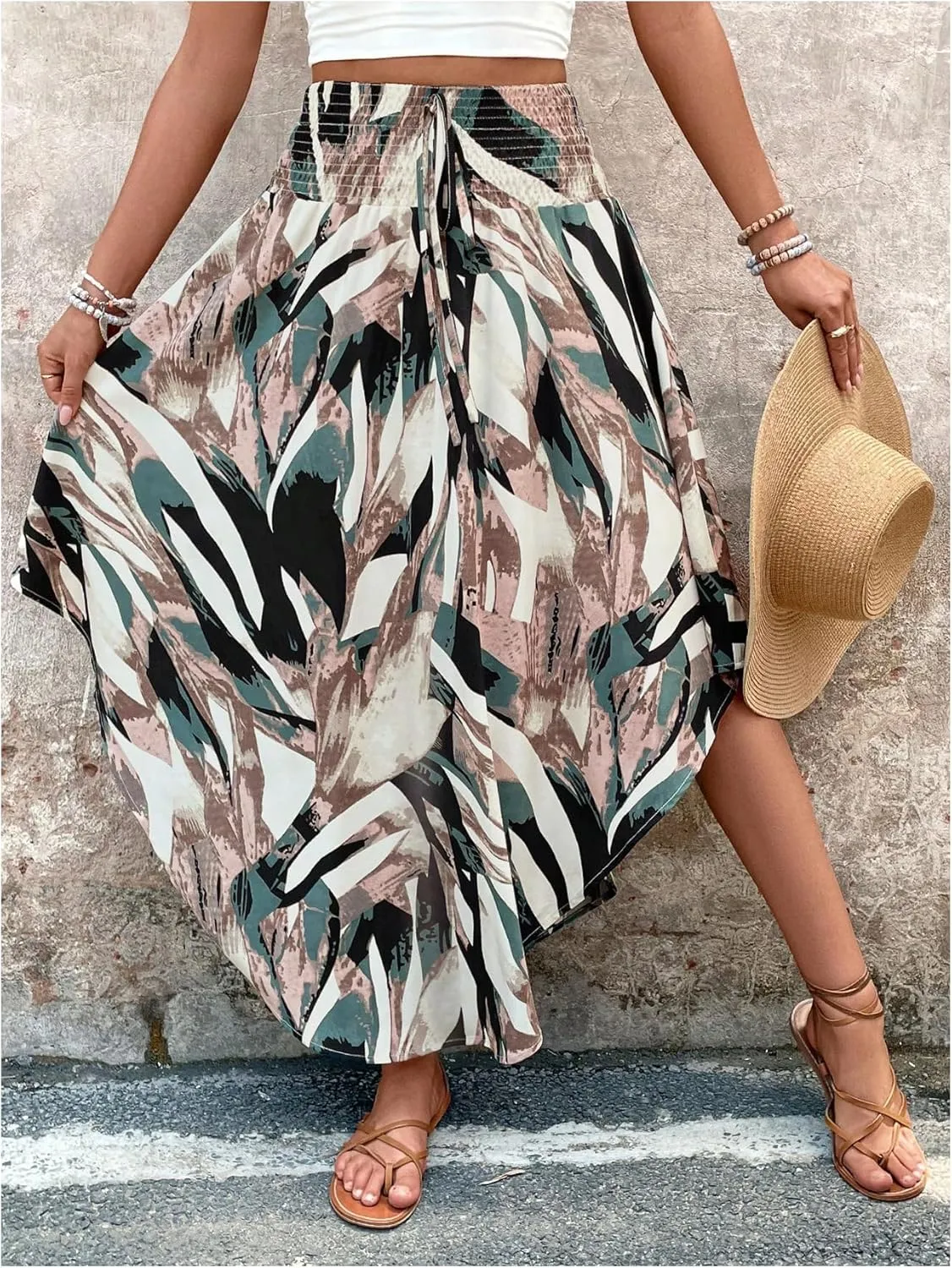Verdusa Women's Boho Western Floral Print Long Skirts 80s Flowy Elastic Waist Vacation Maxi Skirt