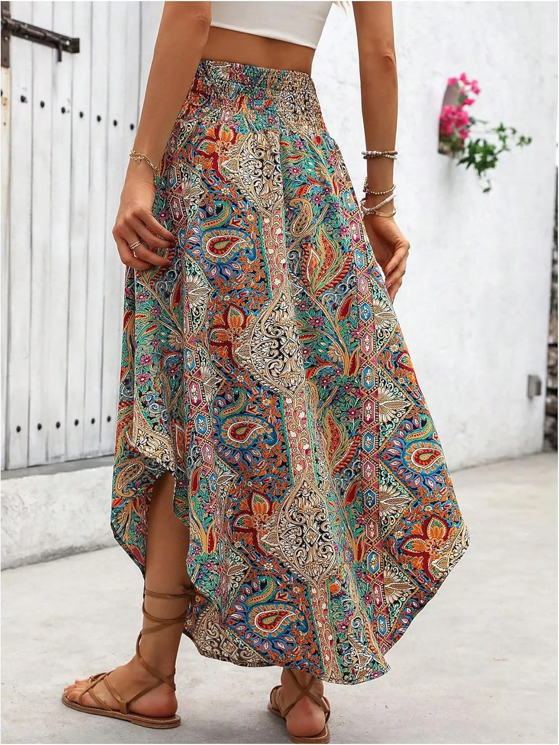 Verdusa Women's Boho Western Floral Print Long Skirts 80s Flowy Elastic Waist Vacation Maxi Skirt
