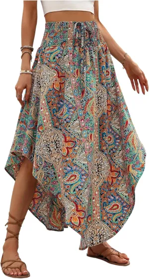 Verdusa Women's Boho Western Floral Print Long Skirts 80s Flowy Elastic Waist Vacation Maxi Skirt