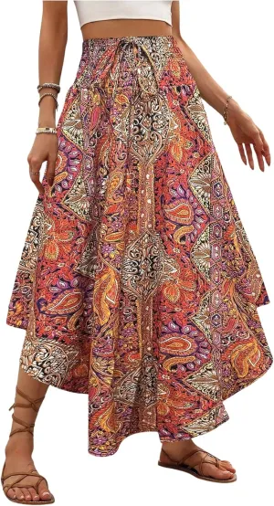 Verdusa Women's Boho Western Floral Print Long Skirts 80s Flowy Elastic Waist Vacation Maxi Skirt
