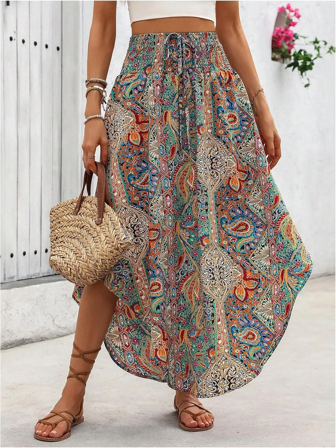 Verdusa Women's Boho Western Floral Print Long Skirts 80s Flowy Elastic Waist Vacation Maxi Skirt