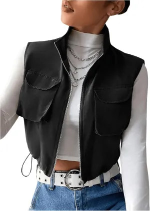 Verdusa Women's Flap Pocket Zip Up Sleeveless Drawstring Crop Vest Jacket