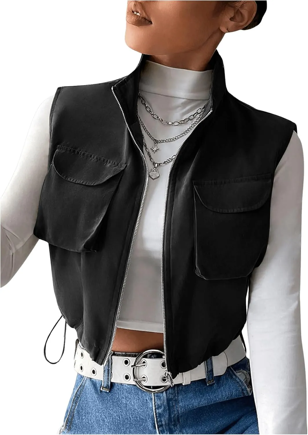 Verdusa Women's Flap Pocket Zip Up Sleeveless Drawstring Crop Vest Jacket