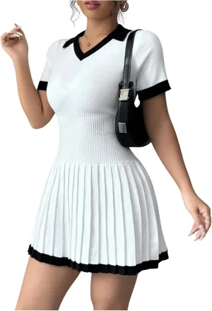 Verdusa Women's Pleated Striped Short Sweater Dress Short Sleeve Lapel Neck High Rise Knitted Dress