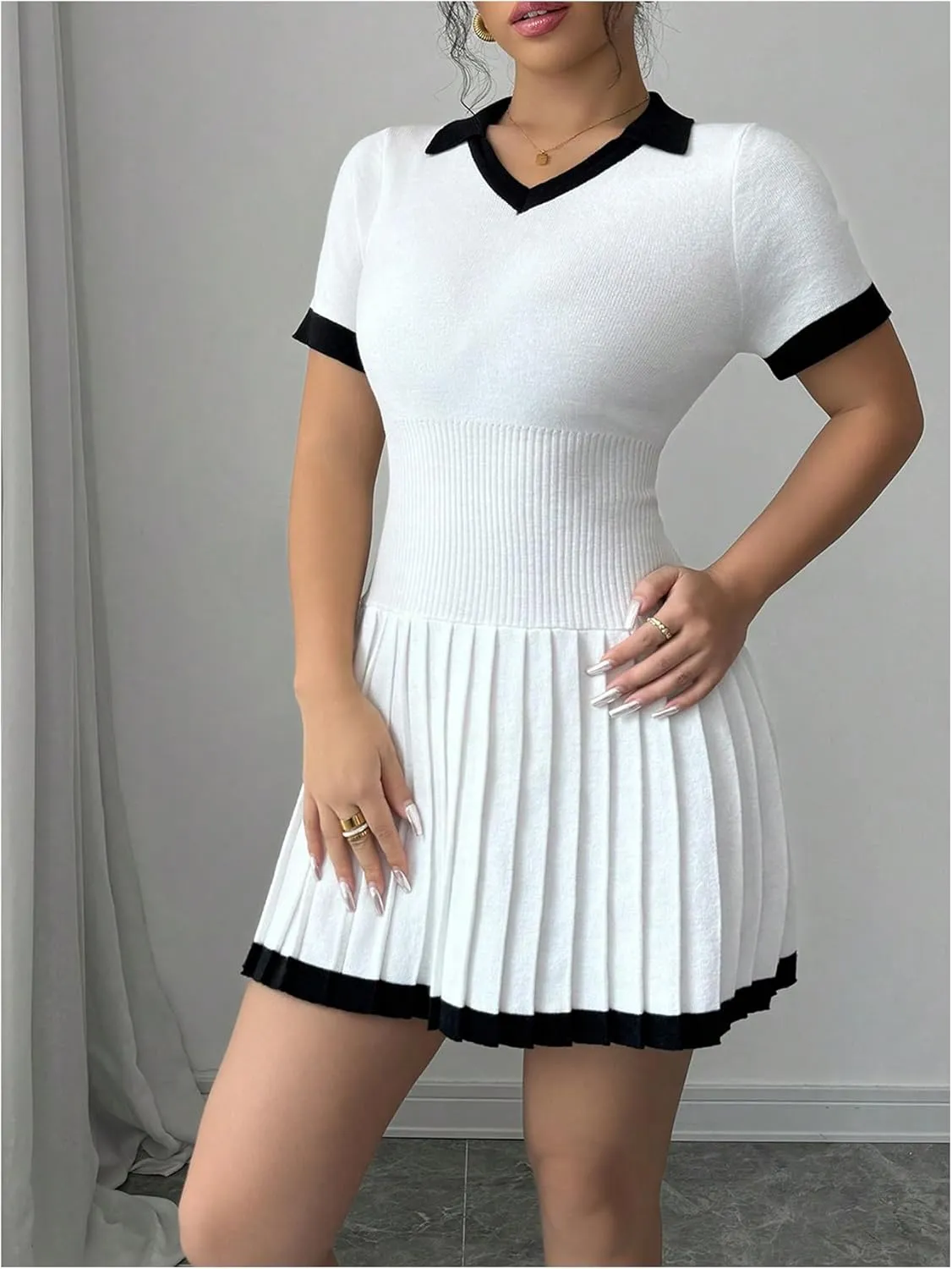 Verdusa Women's Pleated Striped Short Sweater Dress Short Sleeve Lapel Neck High Rise Knitted Dress