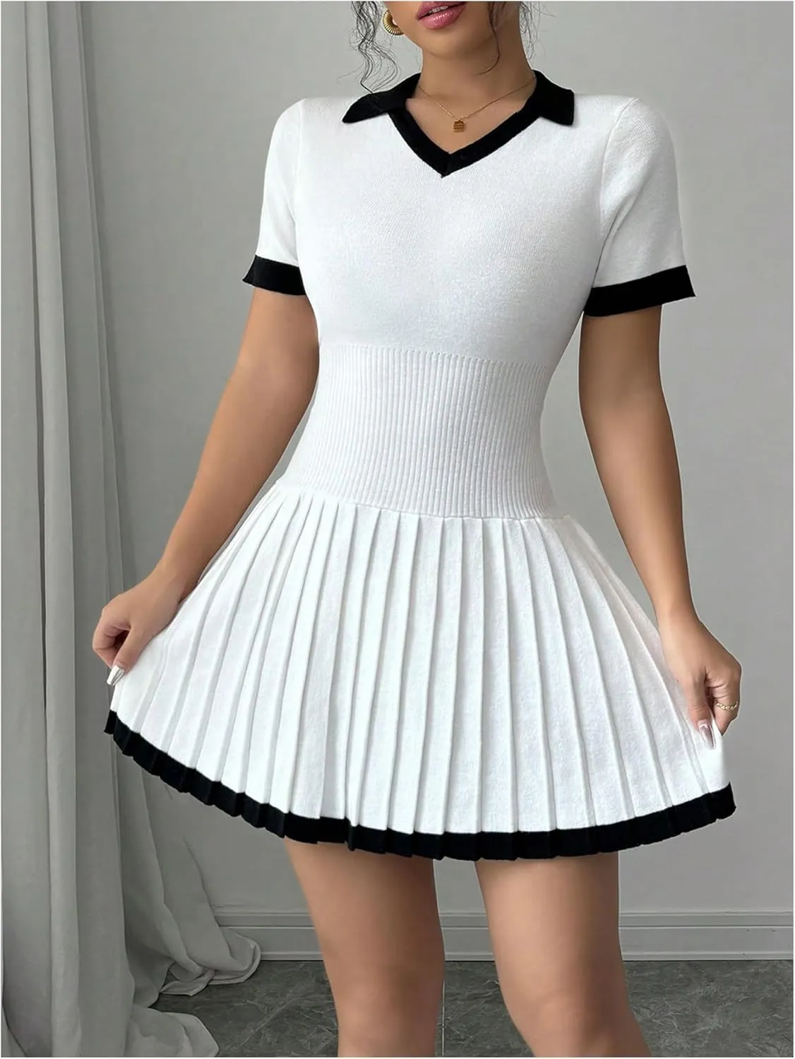 Verdusa Women's Pleated Striped Short Sweater Dress Short Sleeve Lapel Neck High Rise Knitted Dress