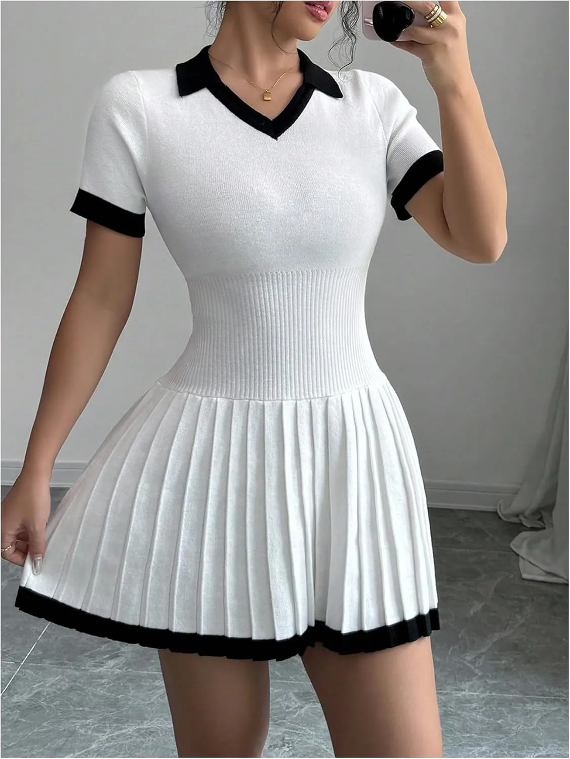 Verdusa Women's Pleated Striped Short Sweater Dress Short Sleeve Lapel Neck High Rise Knitted Dress