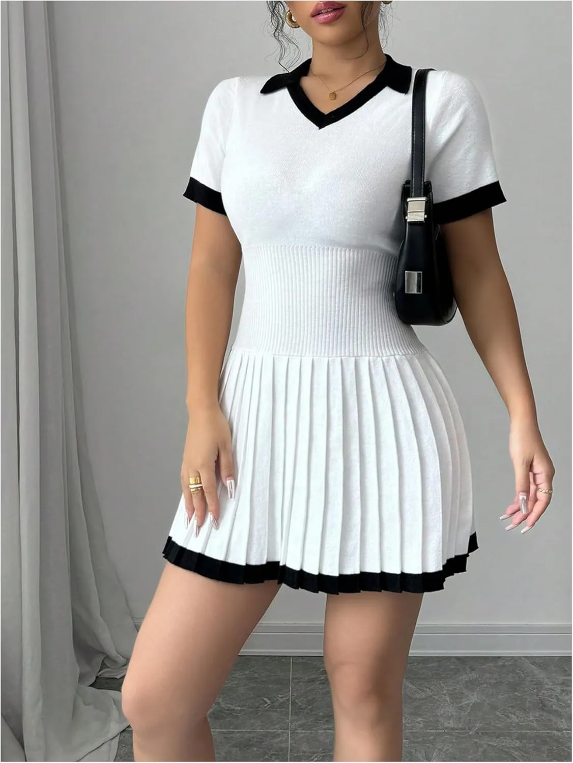 Verdusa Women's Pleated Striped Short Sweater Dress Short Sleeve Lapel Neck High Rise Knitted Dress