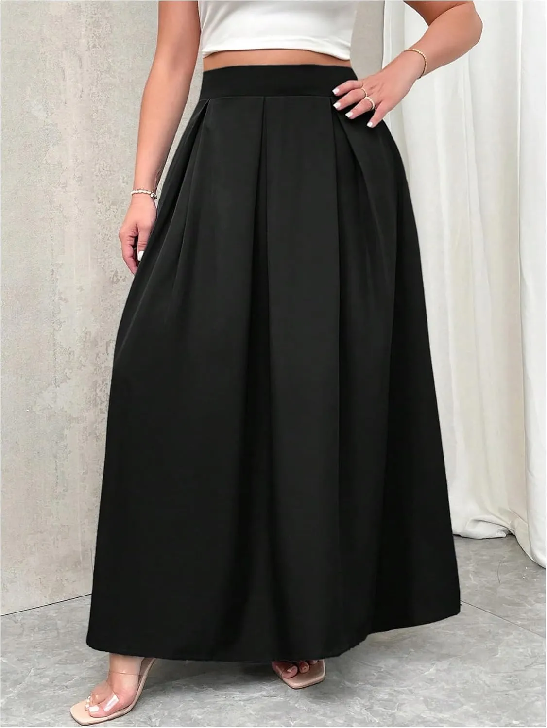 Verdusa Women's Plus Size A Line Maxi Skirt High Waist Pleated Flowy Skirts with Pockets