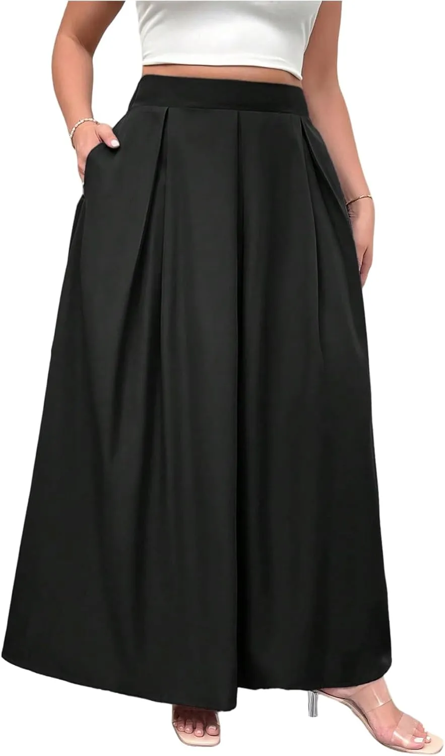 Verdusa Women's Plus Size A Line Maxi Skirt High Waist Pleated Flowy Skirts with Pockets