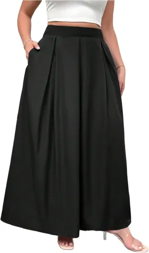Verdusa Women's Plus Size A Line Maxi Skirt High Waist Pleated Flowy Skirts with Pockets