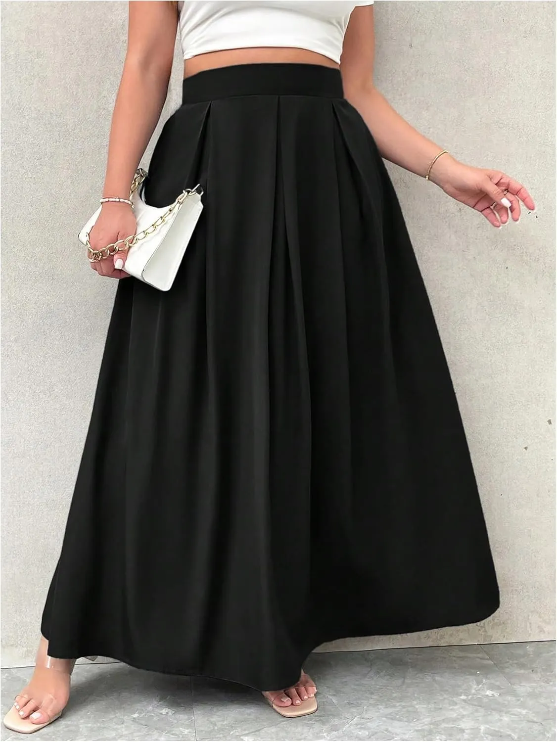 Verdusa Women's Plus Size A Line Maxi Skirt High Waist Pleated Flowy Skirts with Pockets