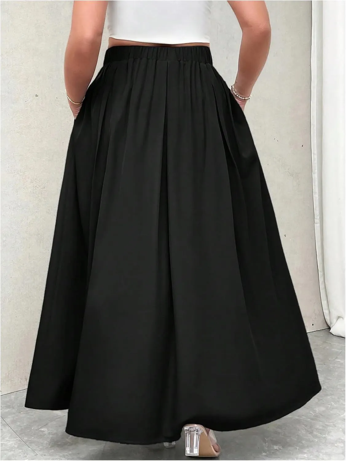 Verdusa Women's Plus Size A Line Maxi Skirt High Waist Pleated Flowy Skirts with Pockets