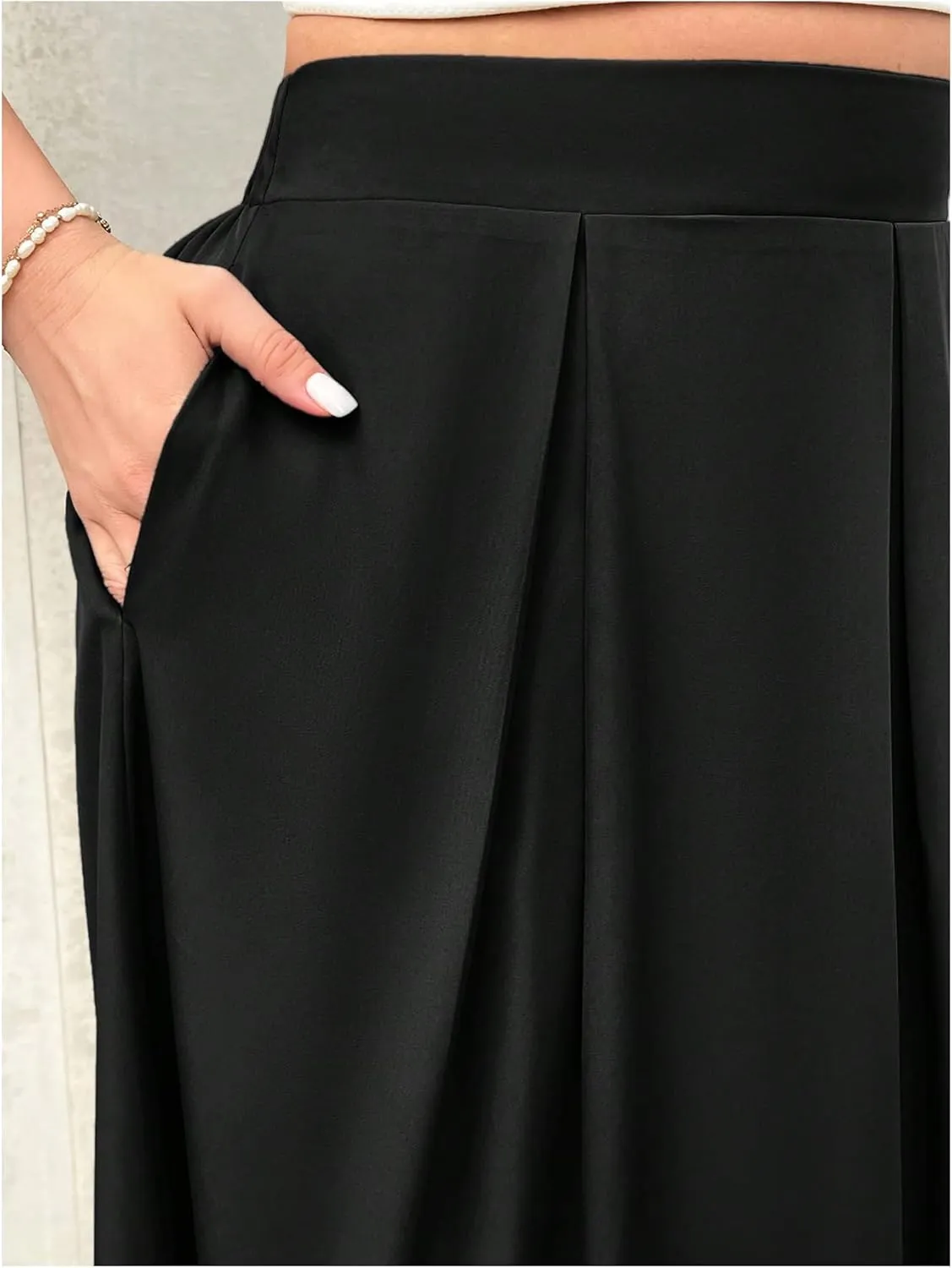 Verdusa Women's Plus Size A Line Maxi Skirt High Waist Pleated Flowy Skirts with Pockets