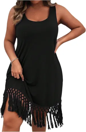 Verdusa Women's Plus Size Knitted Fringe Dress Sleeveless Boho Midi Dresses