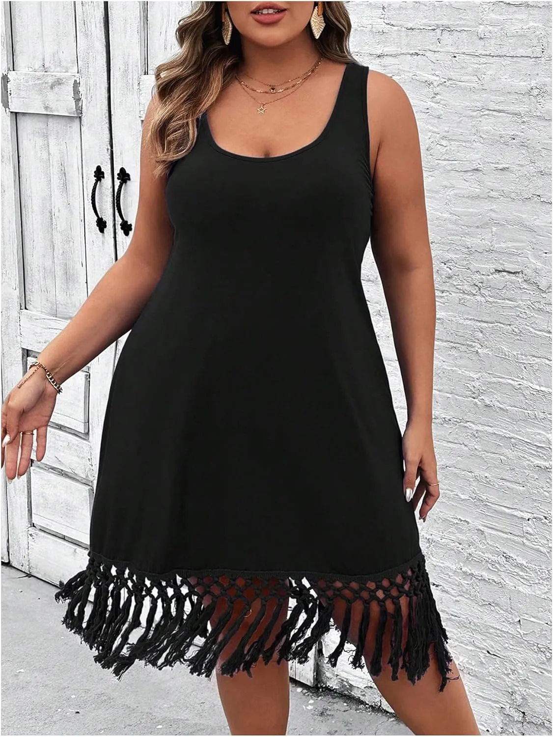 Verdusa Women's Plus Size Knitted Fringe Dress Sleeveless Boho Midi Dresses