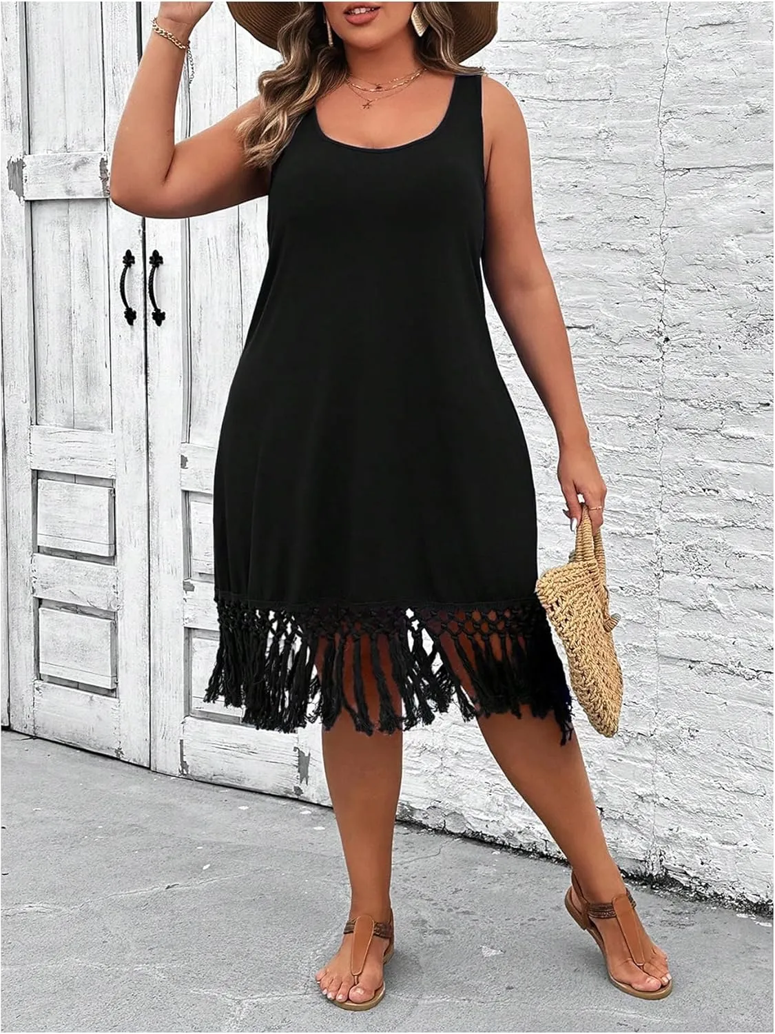 Verdusa Women's Plus Size Knitted Fringe Dress Sleeveless Boho Midi Dresses