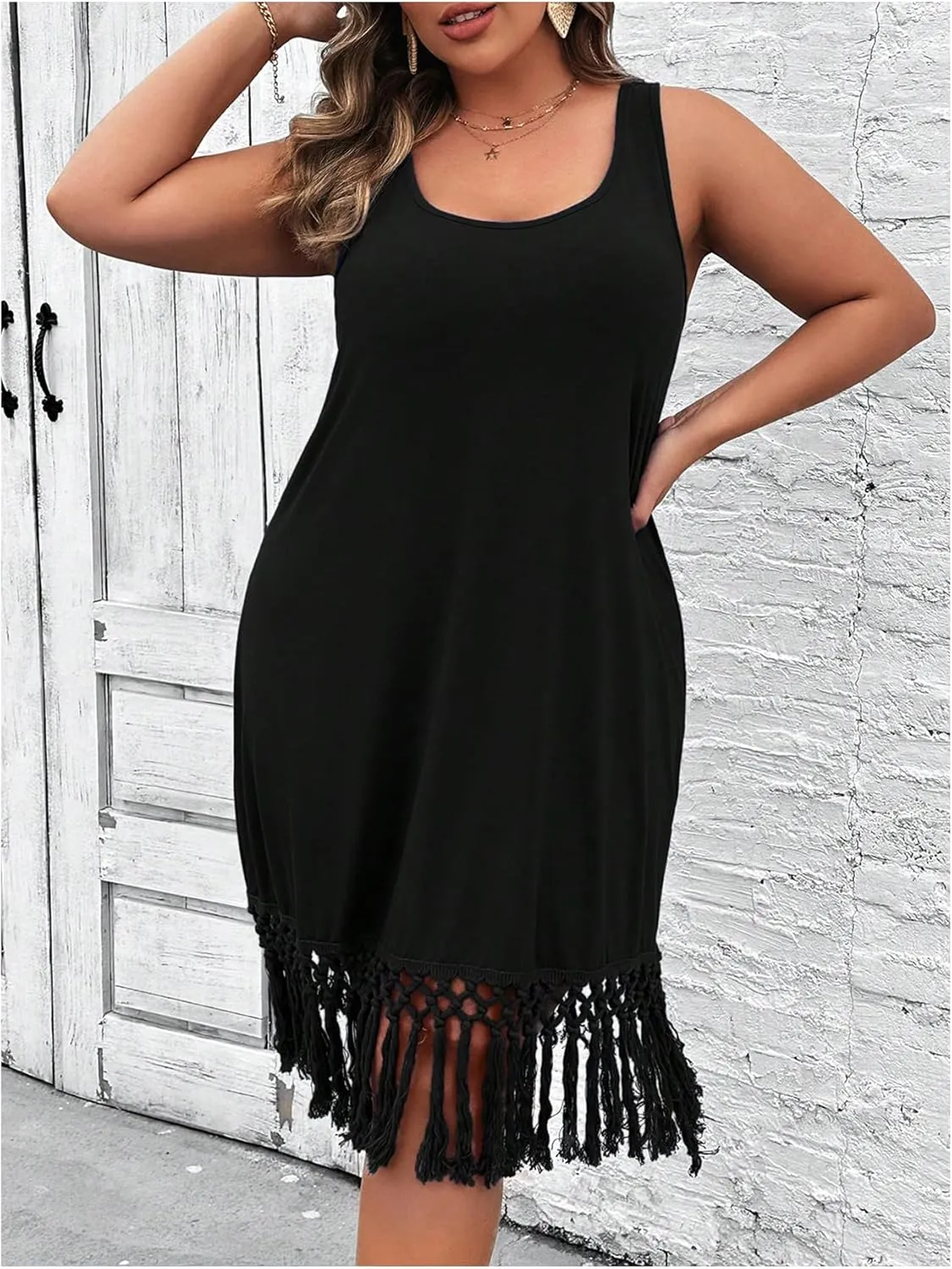 Verdusa Women's Plus Size Knitted Fringe Dress Sleeveless Boho Midi Dresses
