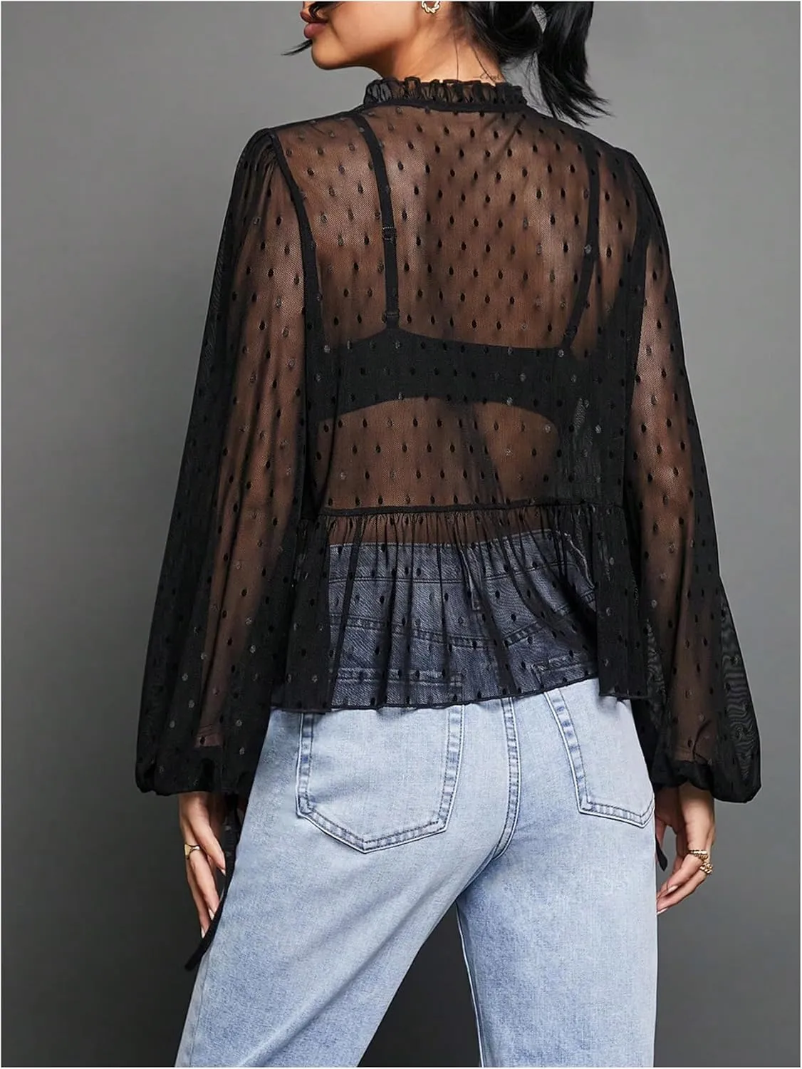 Verdusa Women's See Through Mesh Polka Dots Bow Front Ruffle Peplum Long Sleeve Blouse