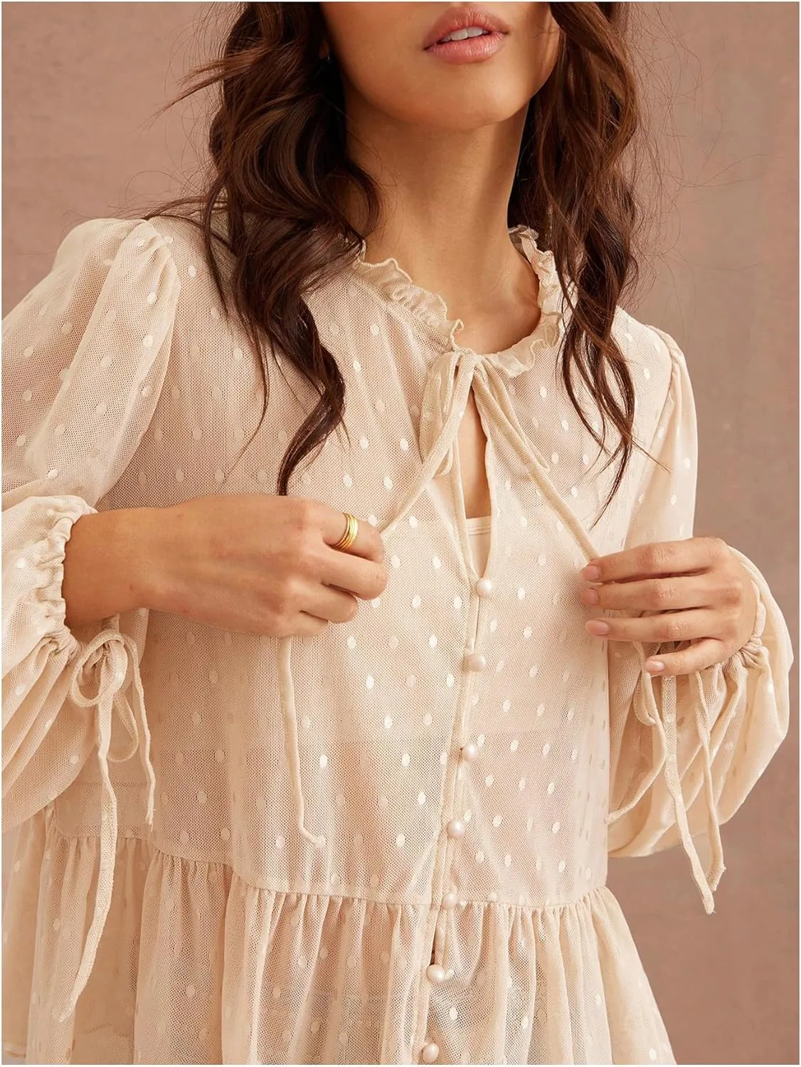 Verdusa Women's See Through Mesh Polka Dots Bow Front Ruffle Peplum Long Sleeve Blouse