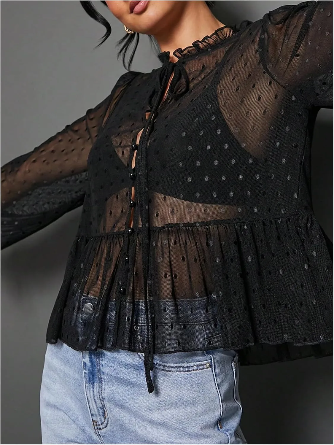 Verdusa Women's See Through Mesh Polka Dots Bow Front Ruffle Peplum Long Sleeve Blouse