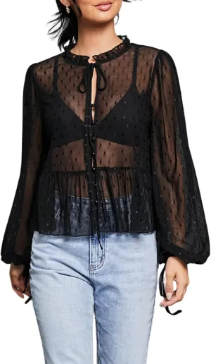 Verdusa Women's See Through Mesh Polka Dots Bow Front Ruffle Peplum Long Sleeve Blouse