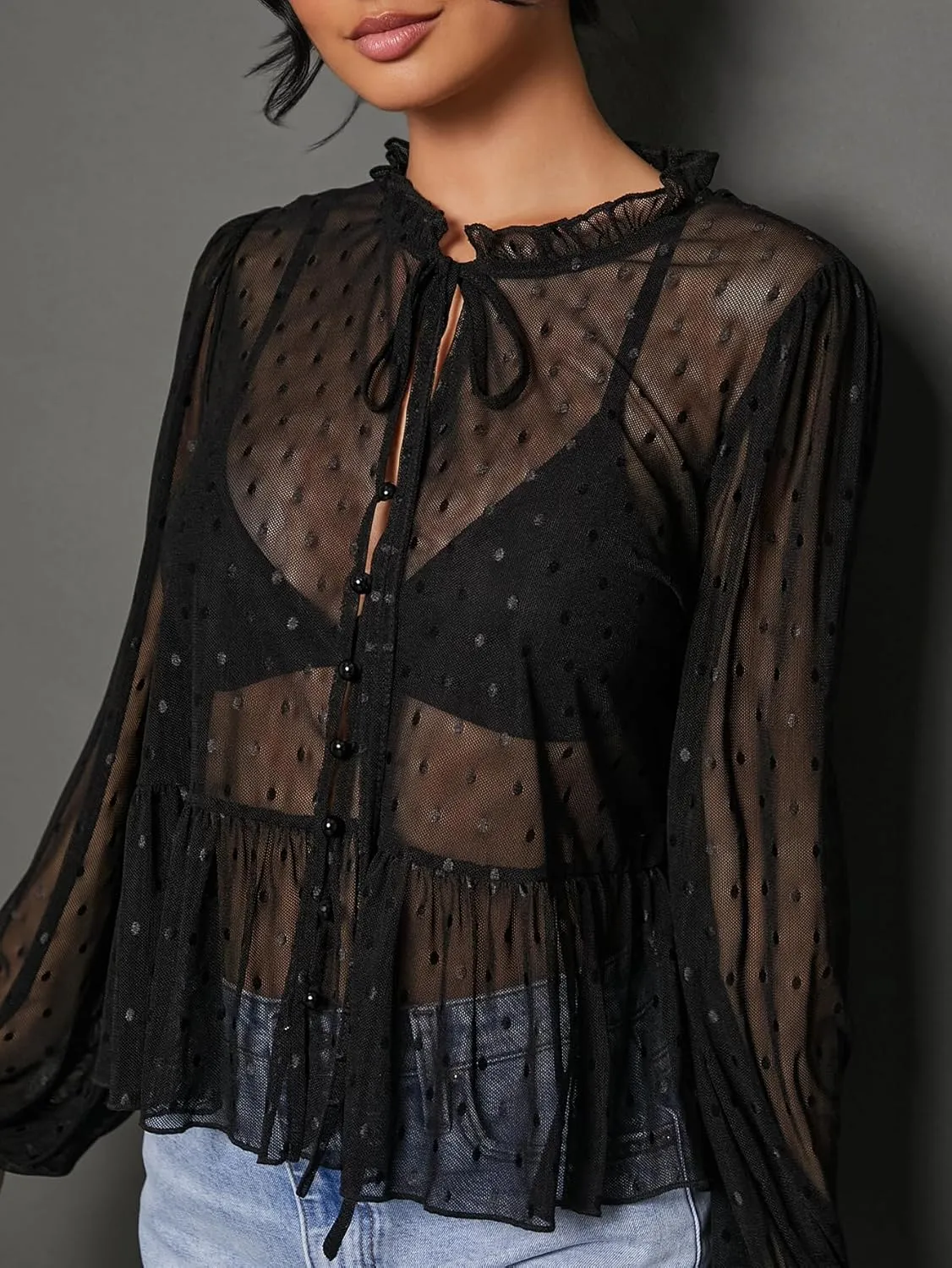 Verdusa Women's See Through Mesh Polka Dots Bow Front Ruffle Peplum Long Sleeve Blouse