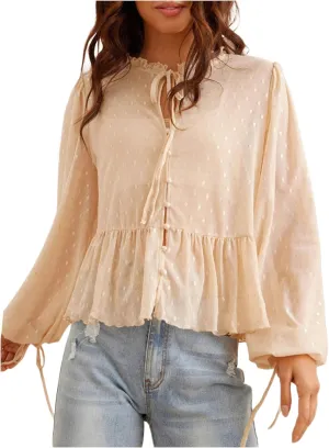 Verdusa Women's See Through Mesh Polka Dots Bow Front Ruffle Peplum Long Sleeve Blouse