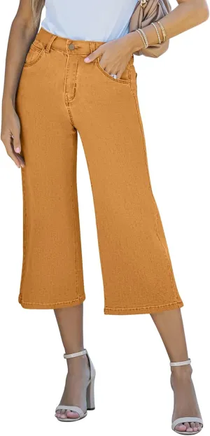 Vetinee Wide Leg Capri Jeans for Women High Waisted Stretch Cropped Baggy Denim Capris Dressy Pants