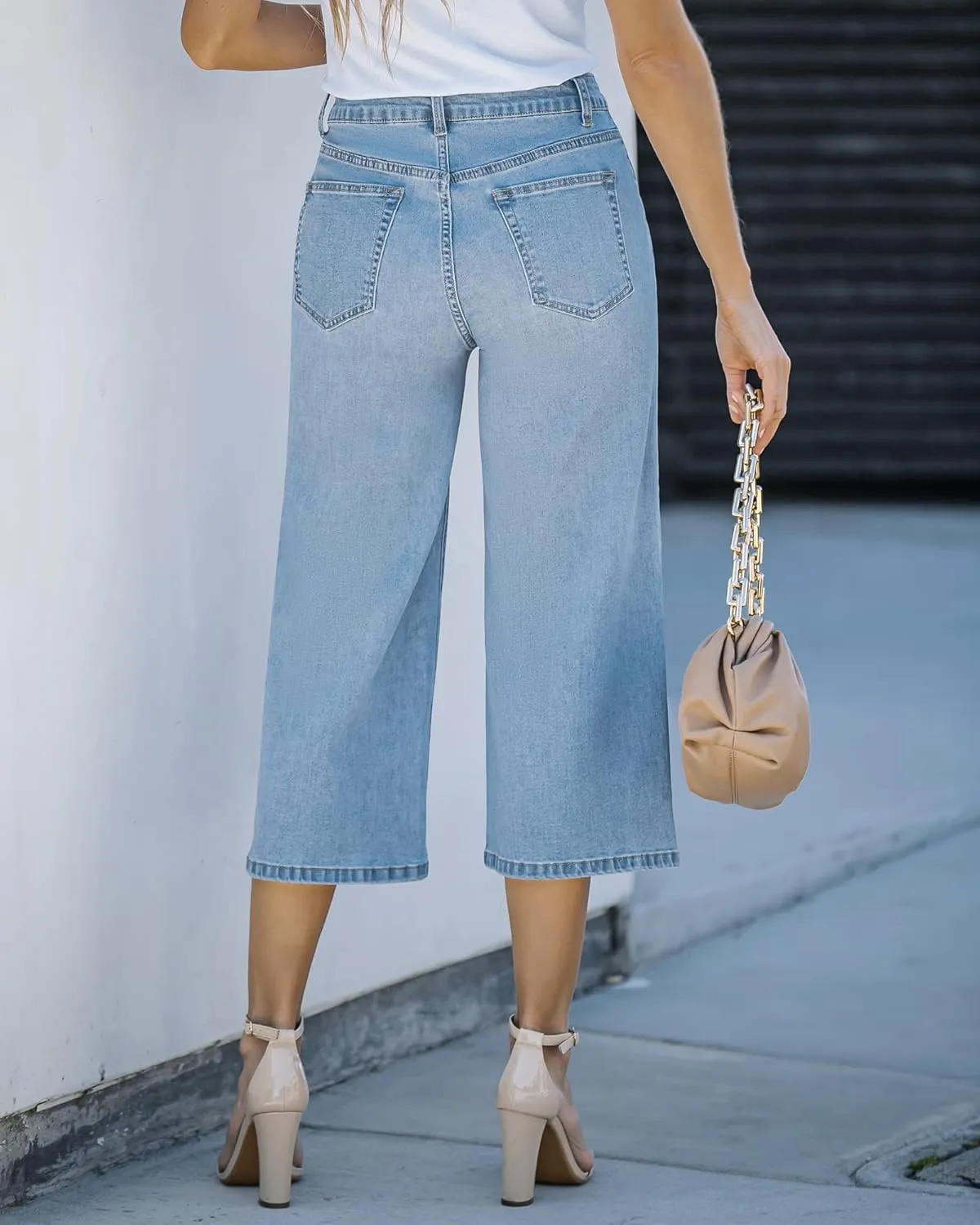 Vetinee Wide Leg Capri Jeans for Women High Waisted Stretch Cropped Baggy Denim Capris Dressy Pants