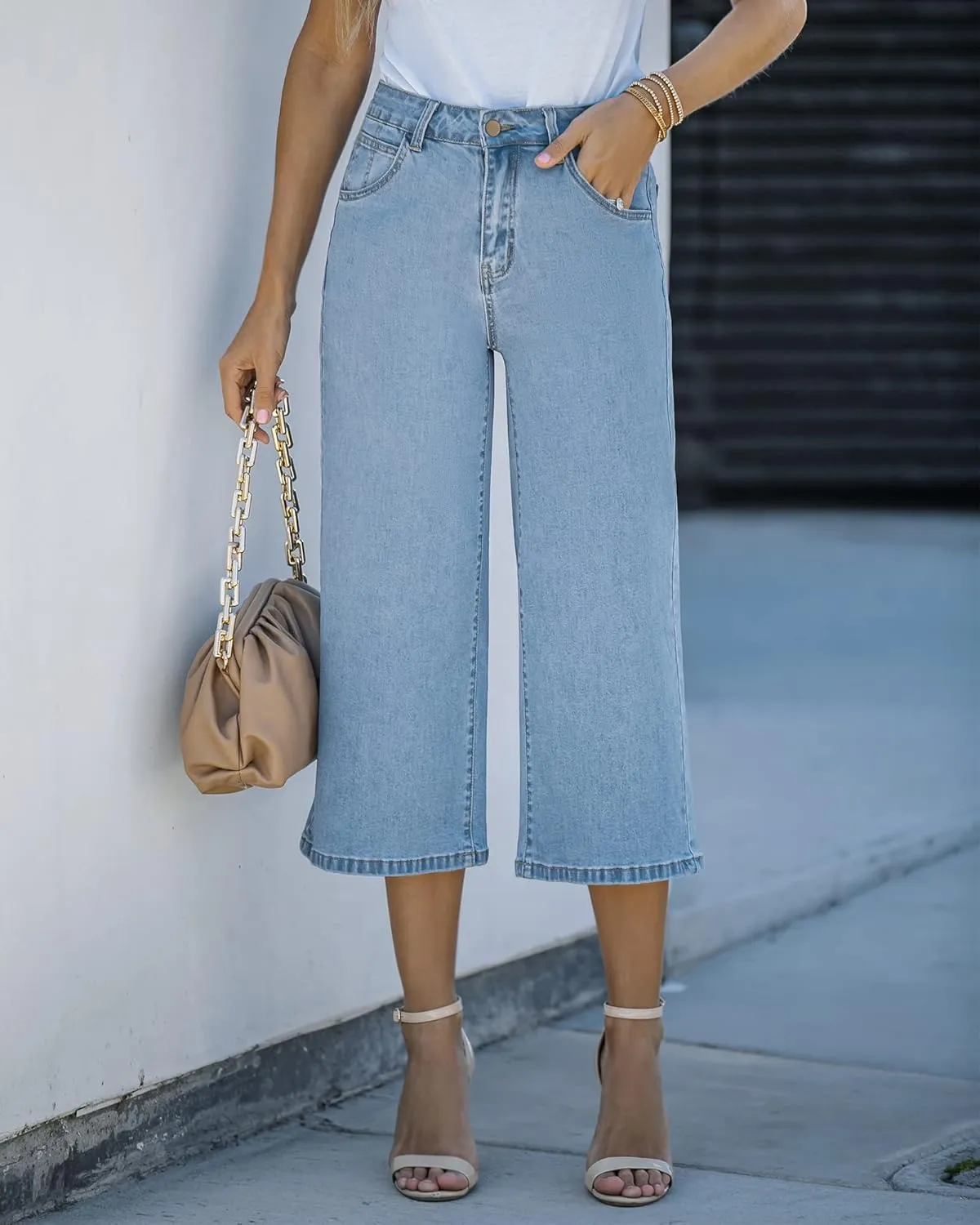 Vetinee Wide Leg Capri Jeans for Women High Waisted Stretch Cropped Baggy Denim Capris Dressy Pants