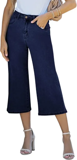 Vetinee Wide Leg Capri Jeans for Women High Waisted Stretch Cropped Baggy Denim Capris Dressy Pants