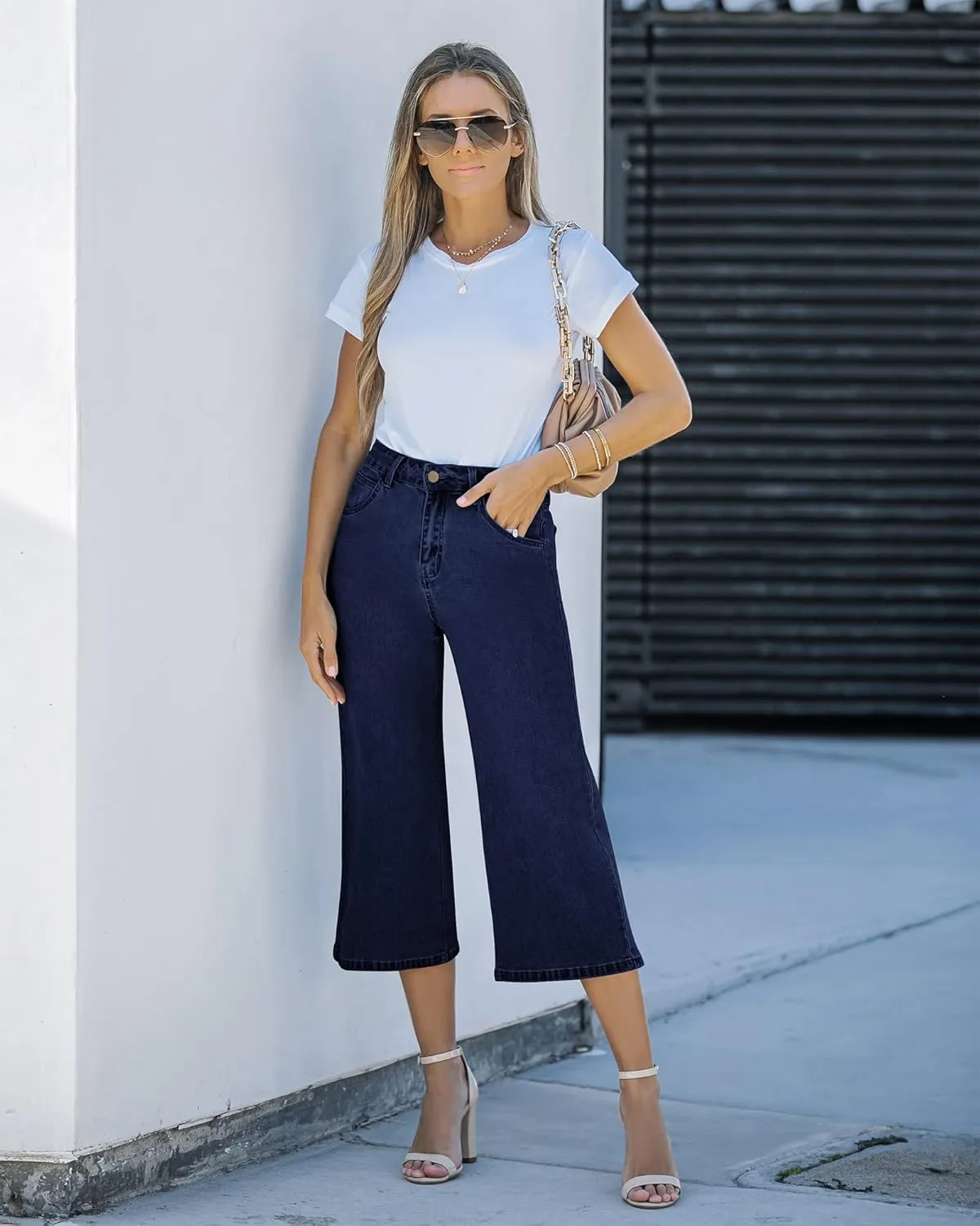 Vetinee Wide Leg Capri Jeans for Women High Waisted Stretch Cropped Baggy Denim Capris Dressy Pants