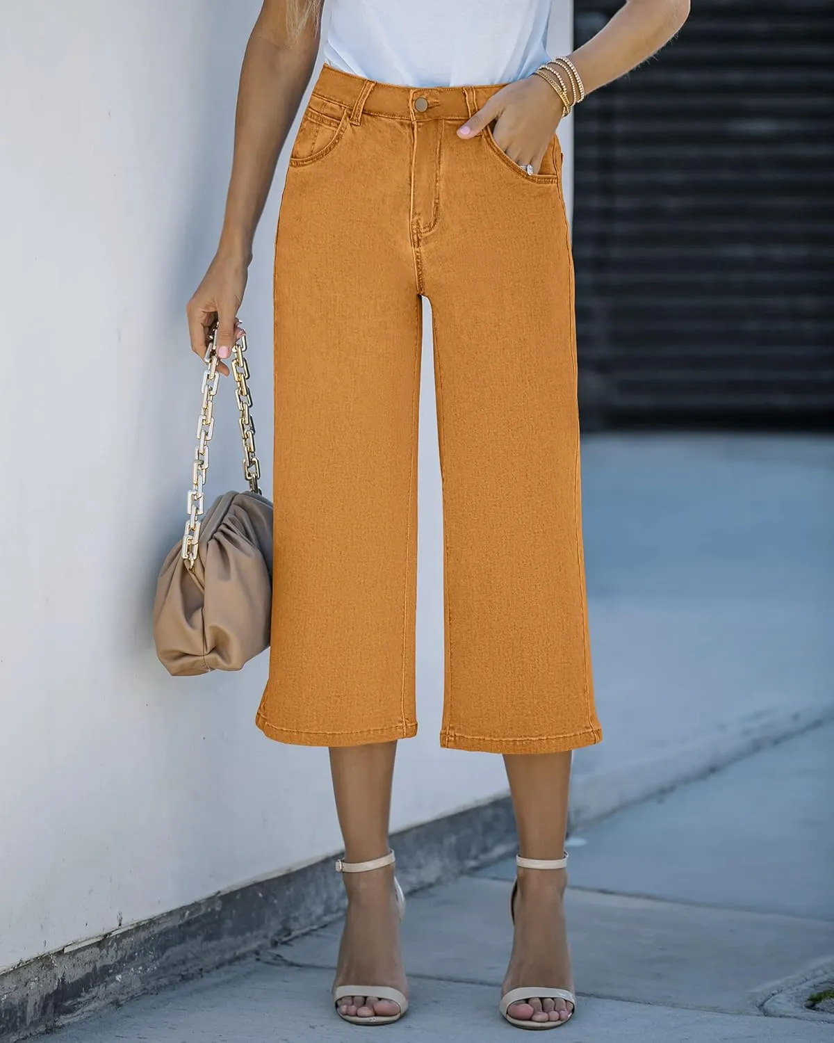 Vetinee Wide Leg Capri Jeans for Women High Waisted Stretch Cropped Baggy Denim Capris Dressy Pants