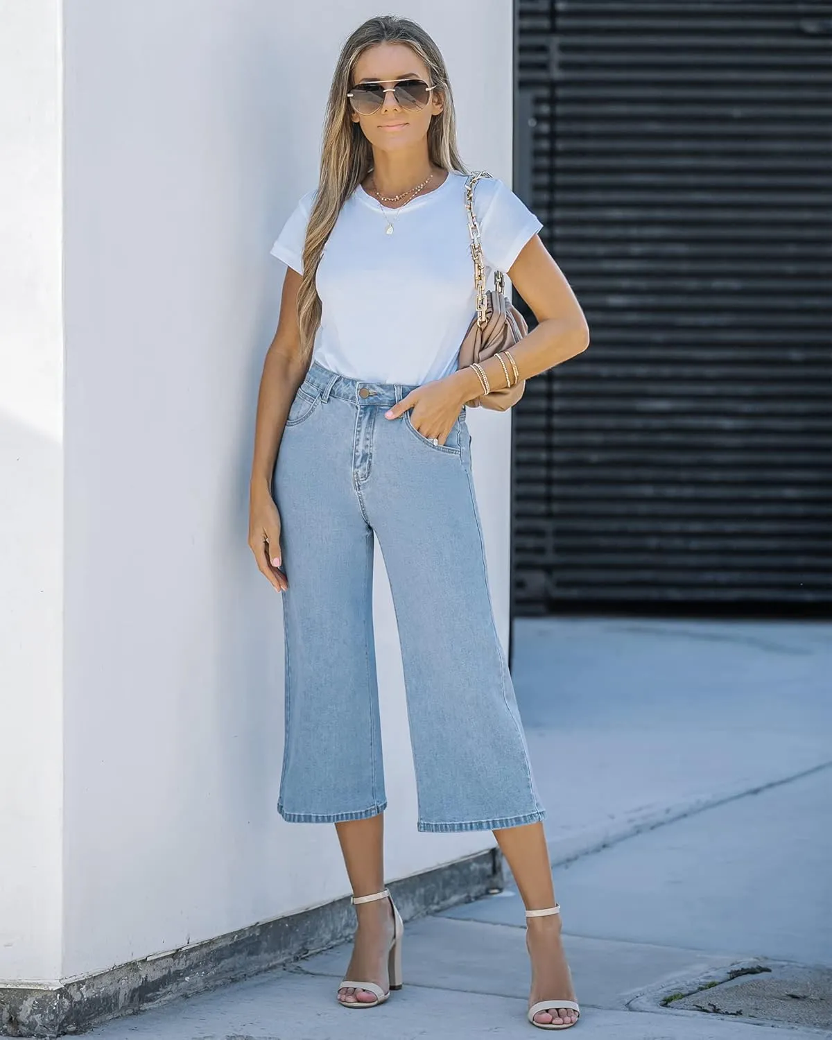 Vetinee Wide Leg Capri Jeans for Women High Waisted Stretch Cropped Baggy Denim Capris Dressy Pants