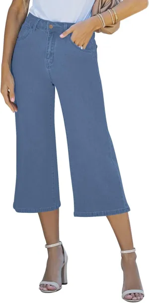 Vetinee Wide Leg Capri Jeans for Women High Waisted Stretch Cropped Baggy Denim Capris Dressy Pants
