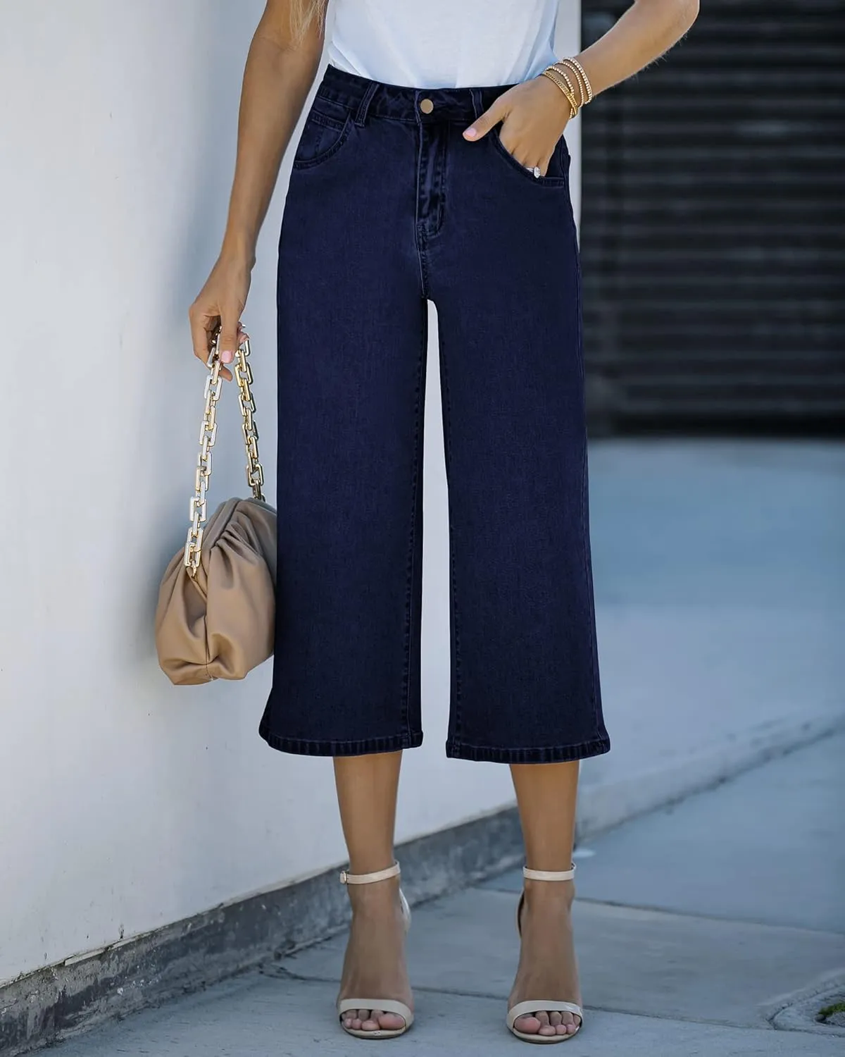 Vetinee Wide Leg Capri Jeans for Women High Waisted Stretch Cropped Baggy Denim Capris Dressy Pants