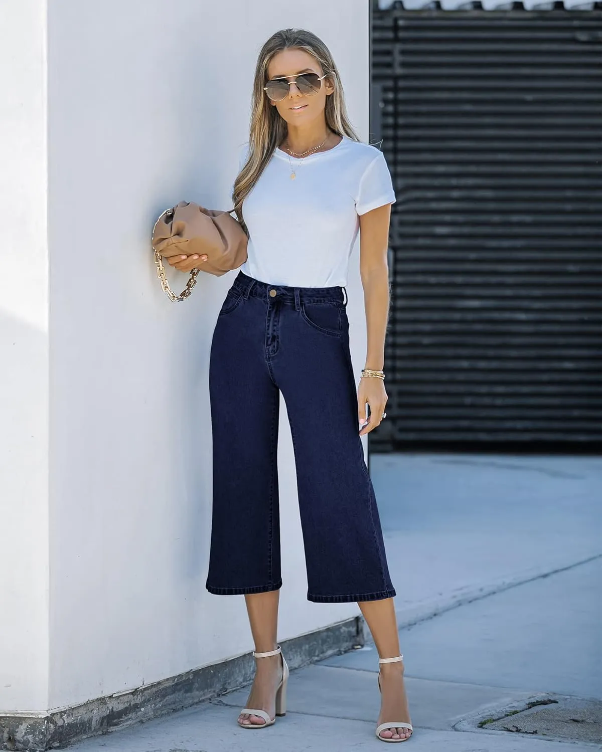 Vetinee Wide Leg Capri Jeans for Women High Waisted Stretch Cropped Baggy Denim Capris Dressy Pants