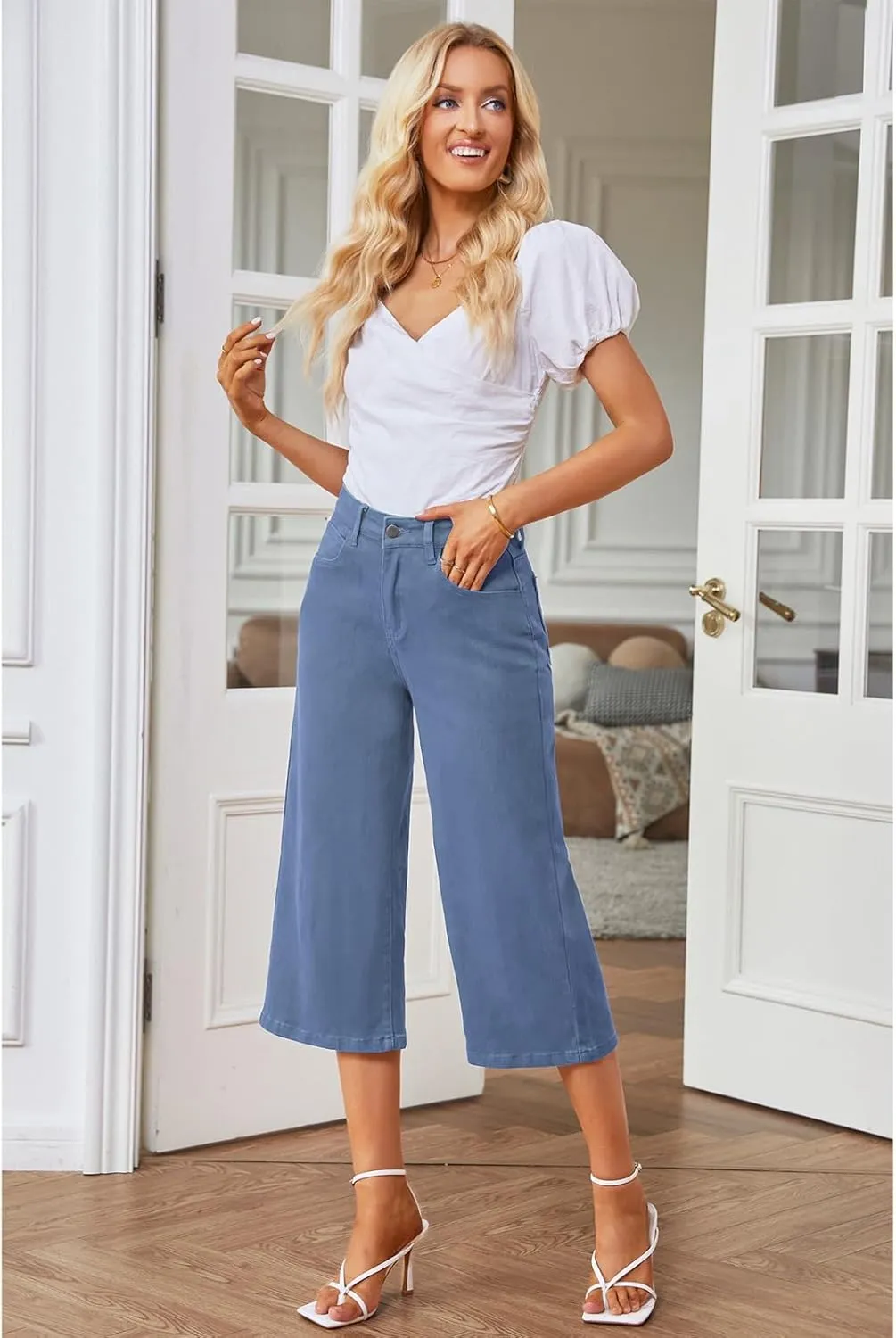 Vetinee Wide Leg Capri Jeans for Women High Waisted Stretch Cropped Baggy Denim Capris Dressy Pants