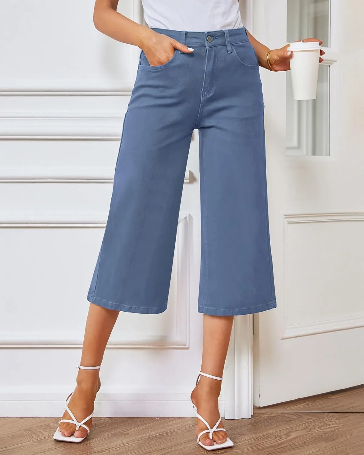 Vetinee Wide Leg Capri Jeans for Women High Waisted Stretch Cropped Baggy Denim Capris Dressy Pants
