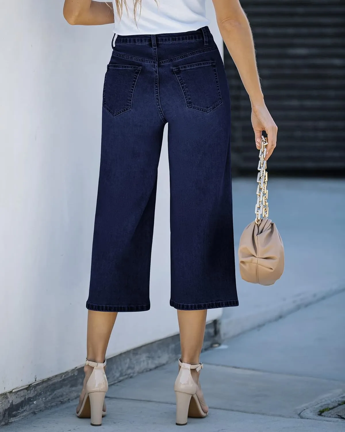 Vetinee Wide Leg Capri Jeans for Women High Waisted Stretch Cropped Baggy Denim Capris Dressy Pants