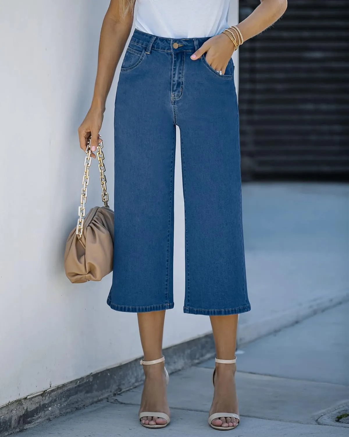 Vetinee Wide Leg Capri Jeans for Women High Waisted Stretch Cropped Baggy Denim Capris Dressy Pants