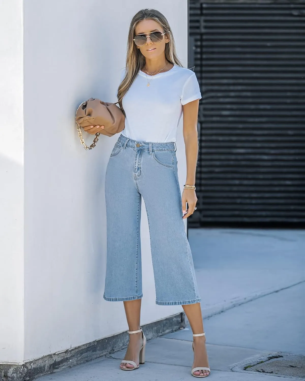 Vetinee Wide Leg Capri Jeans for Women High Waisted Stretch Cropped Baggy Denim Capris Dressy Pants