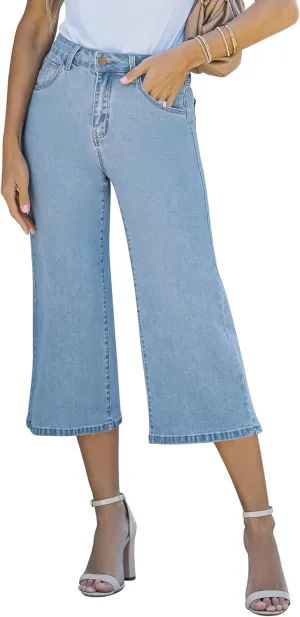 Vetinee Wide Leg Capri Jeans for Women High Waisted Stretch Cropped Baggy Denim Capris Dressy Pants