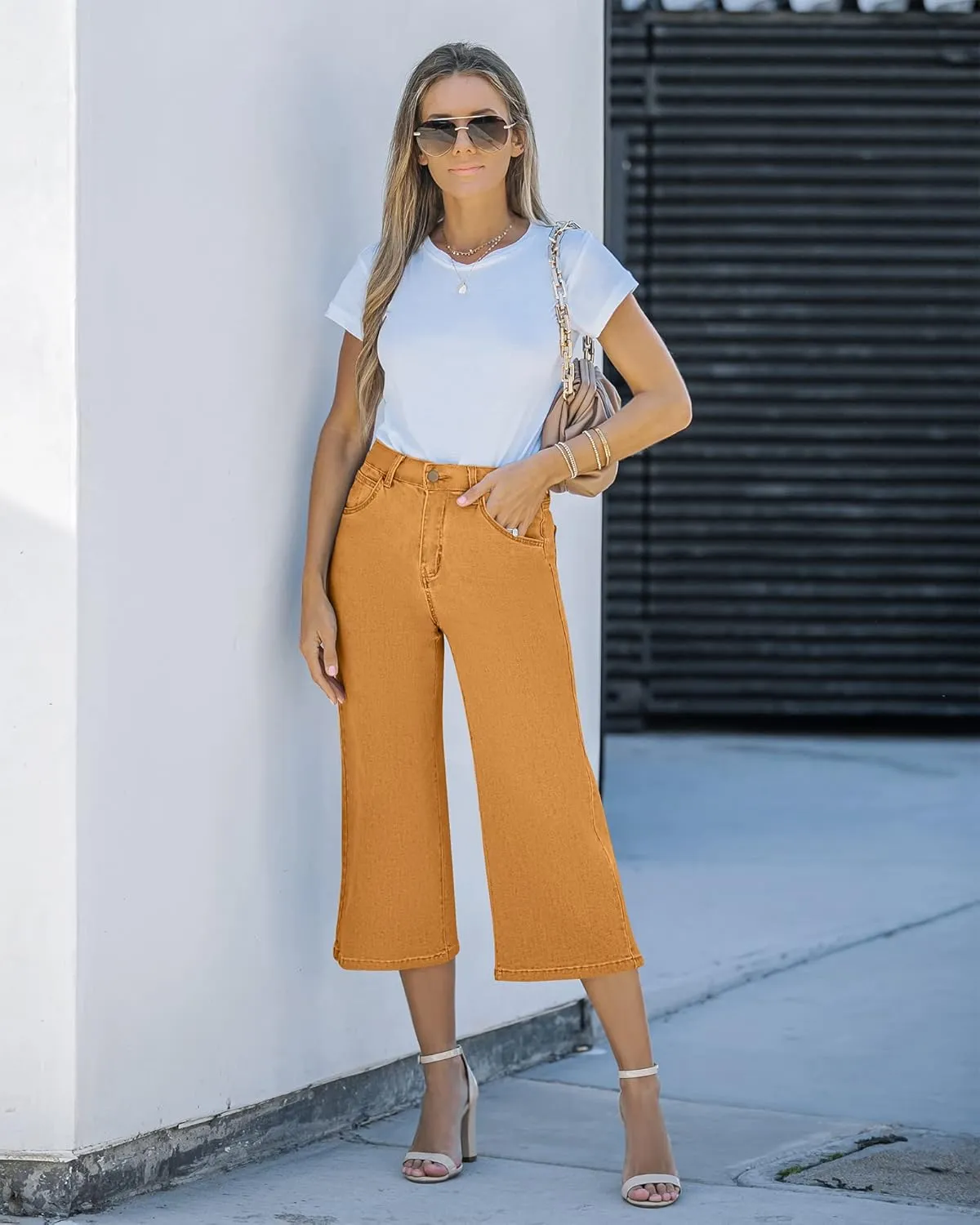 Vetinee Wide Leg Capri Jeans for Women High Waisted Stretch Cropped Baggy Denim Capris Dressy Pants