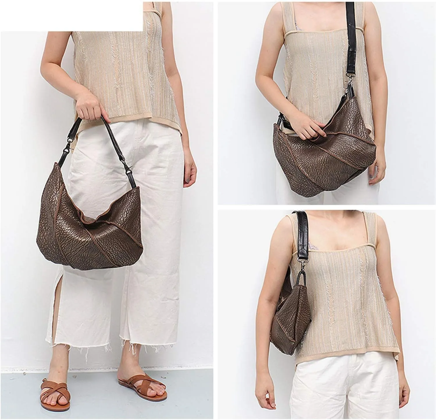 Vintage Genuine Leather Hobo Bag Half Moon Ladies Shoulder Bags for Women Sheepskin Patchwork Handbag BROWN